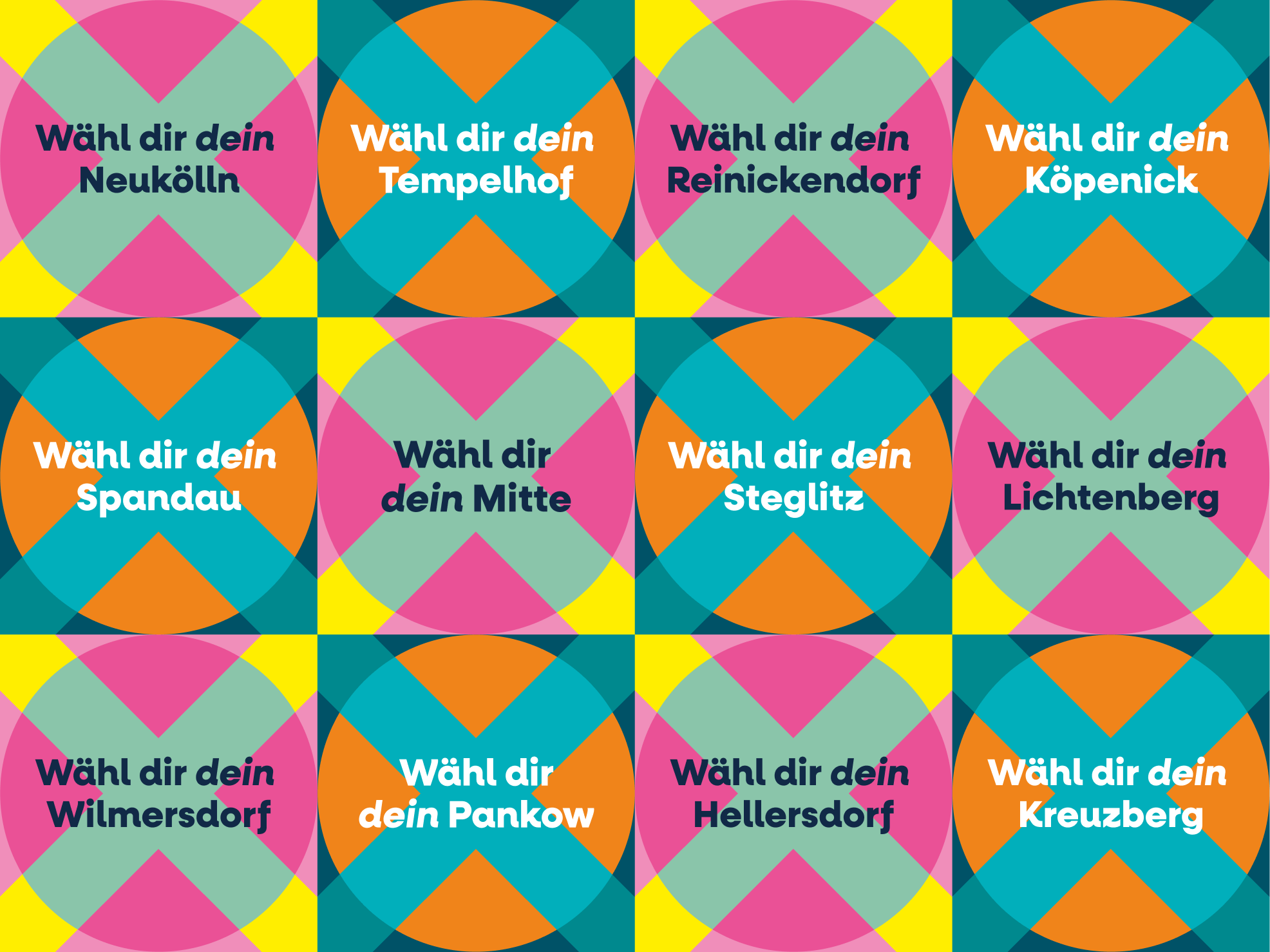 Raster der zwölf Bezirksmotive, jedes mit dem Schriftzug „Wähl dir dein“ und einem Bezirksnamen